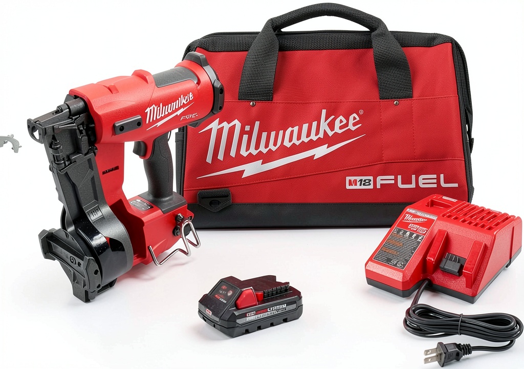 Contractor using Milwaukee roofing nail gun on a roof
