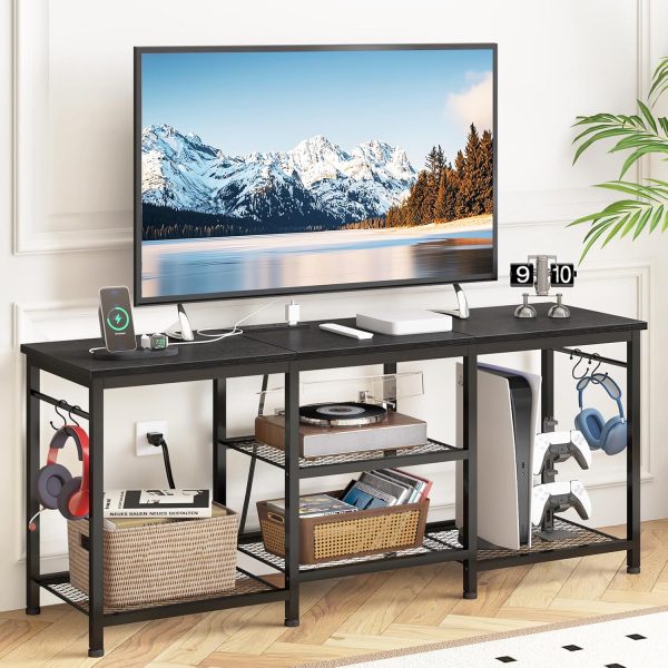 YGEOMER TV Stand with Power Outlet Black-0