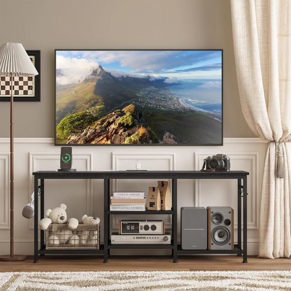 YGEOMER TV Stand with Power Outlet Black-4